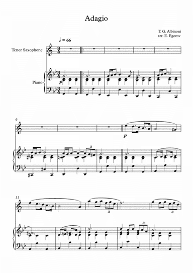 Adagio (In G Minor), Tomaso Giovanni Albinoni, For Tenor Saxophone & Piano (arr. Eugene Egorov)