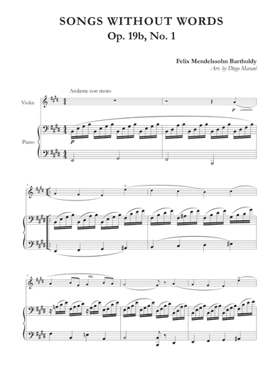 Song Without Words Op. 19 No. 1 for Violin and Piano (arr. Diego Marani)