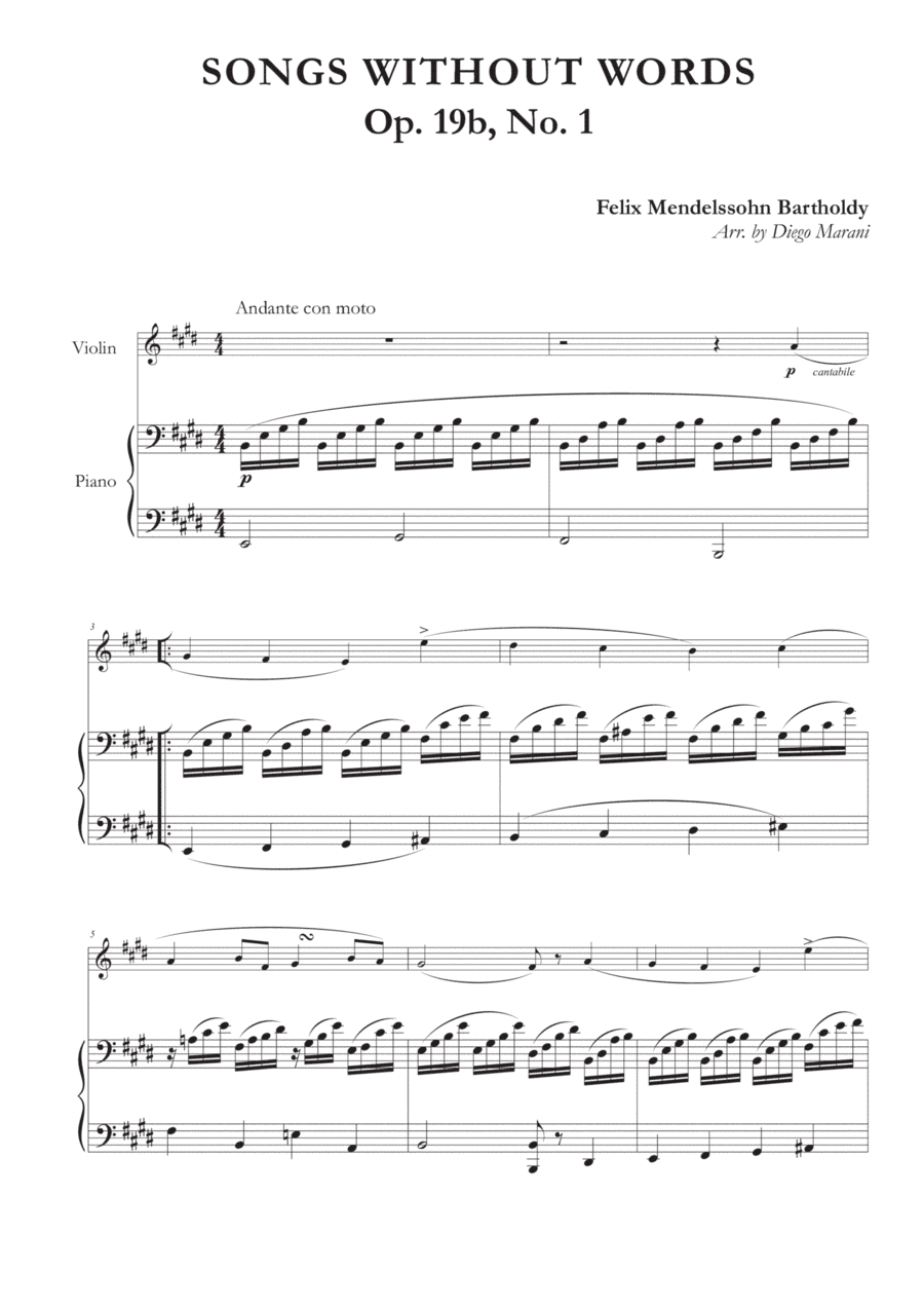 Song Without Words Op. 19 No. 1 for Violin and Piano (arr. Diego Marani)