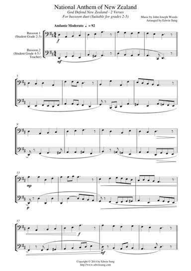 National Anthem of New Zealand (for bassoon duet, suitable for grades 2-5) (arr. Edwin Sung)