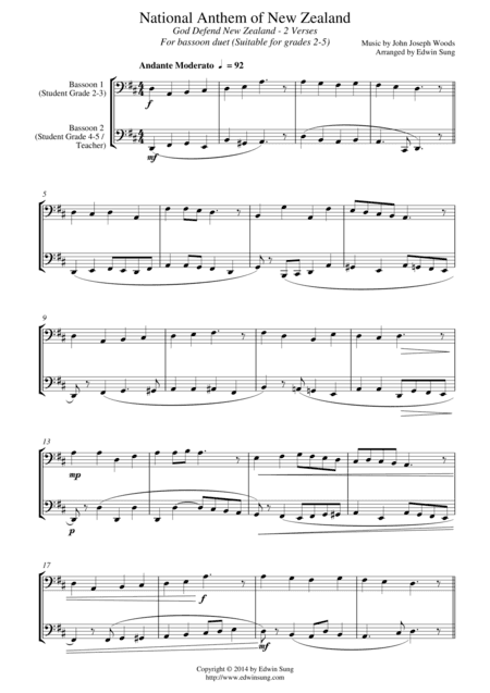 National Anthem of New Zealand (for bassoon duet, suitable for grades 2-5) (arr. Edwin Sung)