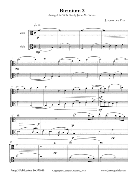 Josquin: Bicinium 2 for Viola Duo (arr. James M. Guthrie)