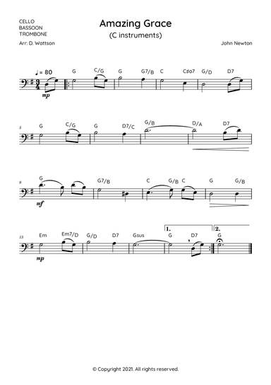 Amazing Grace Cello (arr. Douglas Wattson)