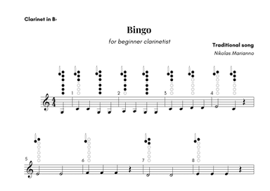 Bingo for beginner clarinetist with finger chart (arr. Nikolas Marianno)