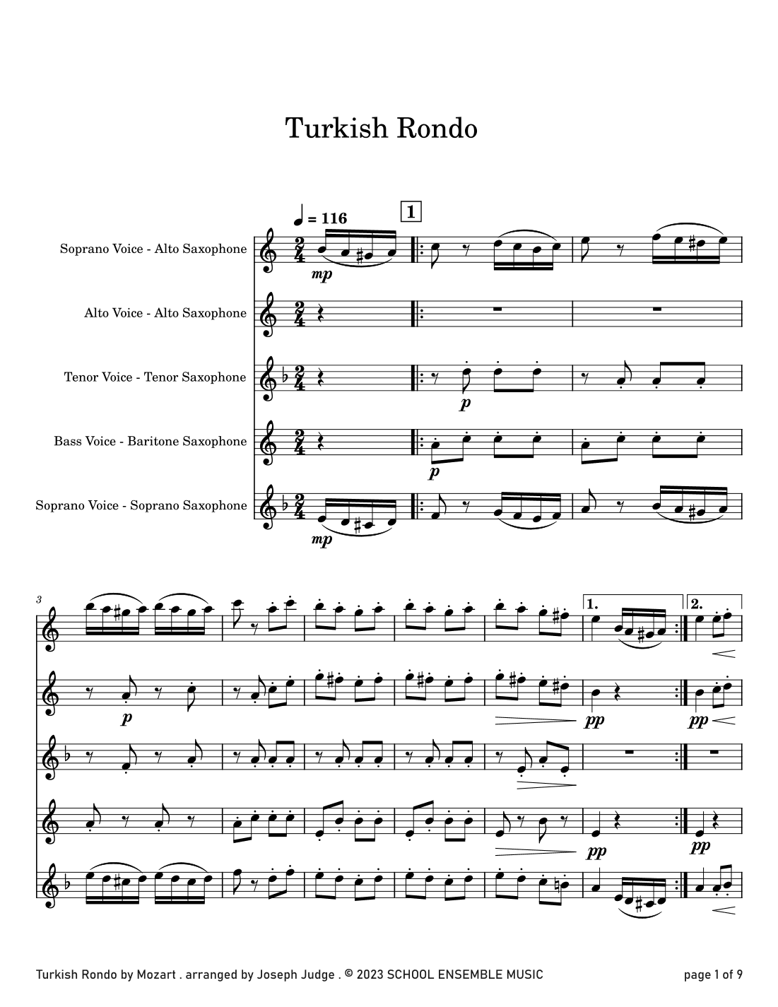 Turkish Rondo by Mozart for Saxophone Quartet in Schools (arr. Joseph Judge)