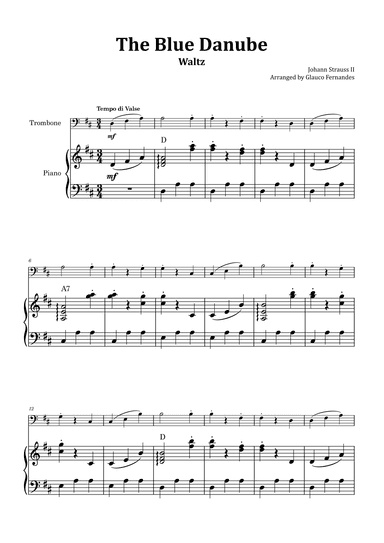 The Blue Danube - Trombone and Piano with Chord Notations (arr. Glauco Fernandes)