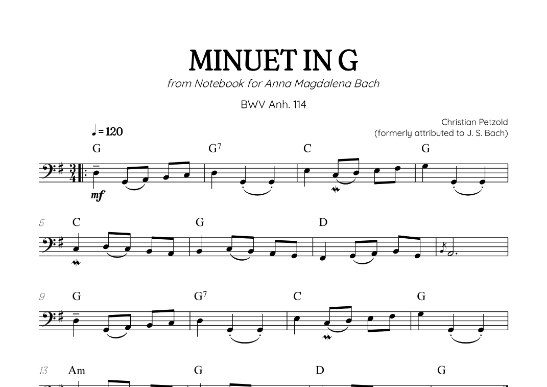 Petzold (Bach) Minuet in G BWV Anh 114 | trombone solo (with chords) (arr. Benzaiten Editions)