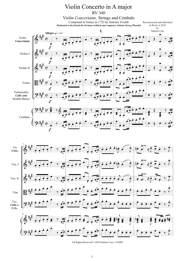 Vivaldi - Violin Concerto in A major RV 340 for Violin, Strings and Cembalo (arr. Santino Cara)