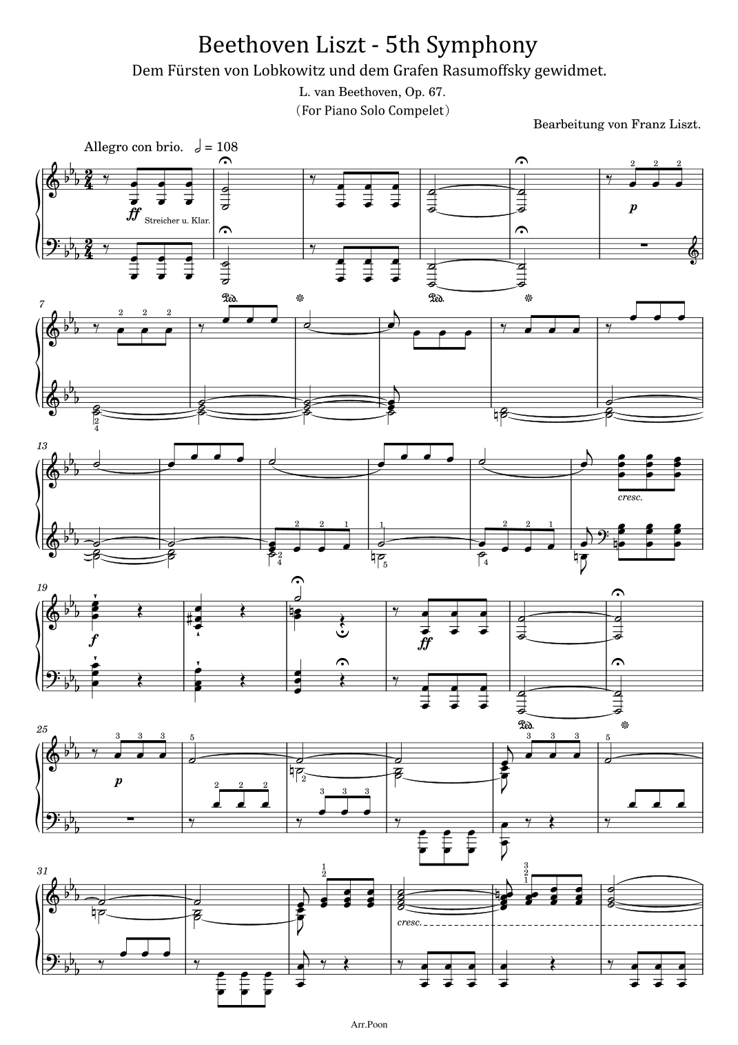 Beethoven Liszt - Symphony No.5 in C Minor, Op. 67(For Piano Solo Compelet)Original With Fingered (arr. poon)