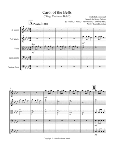 Carol of the Bells (F min) (String Quintet - 2 Violin, 1 Viola, 1 Cello, 1 Bass) (arr. Regis Bookshar)