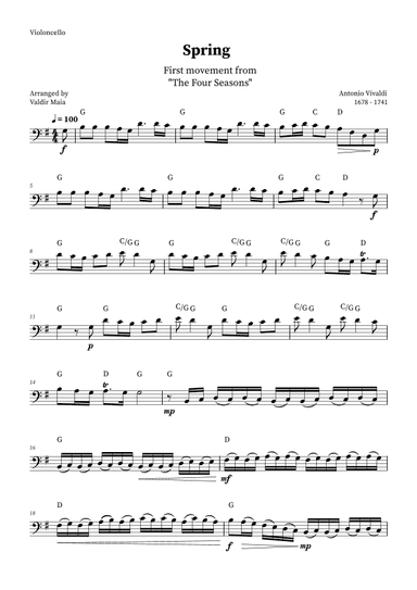 Spring - The Four Seasons for Cello Solo (G Major with chords) (arr. Valdir Maia)