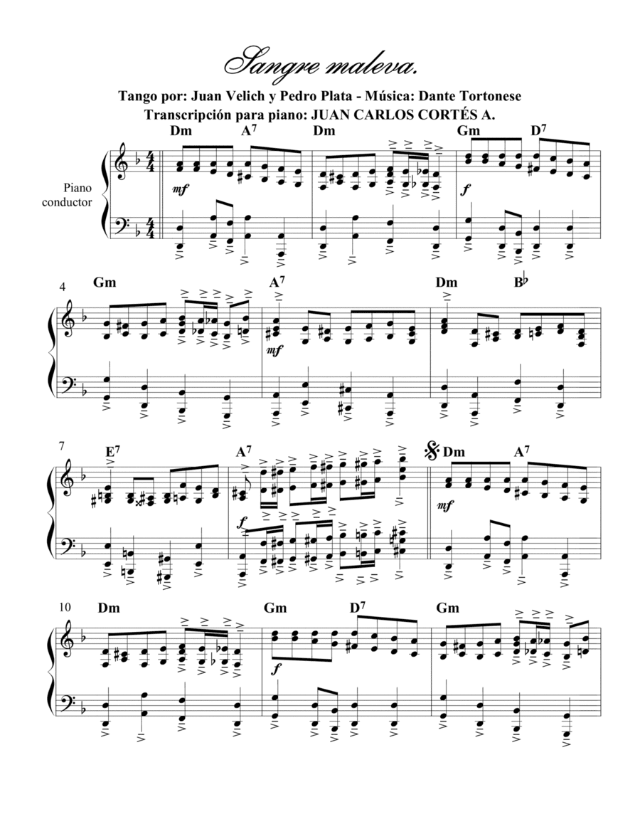 Sangre maleva - Tango por Dante Tortonese, Juan Velich y Pedro Platas (arr. Juan Carlos Cortés A.)