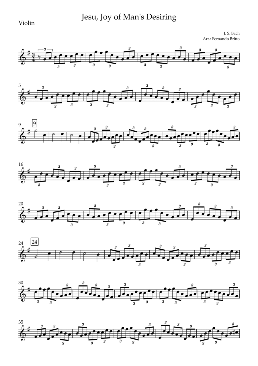 Jesu, Joy of Man's Desiring (J. S. Bach) for Violin Solo (arr. Fernando Britto)