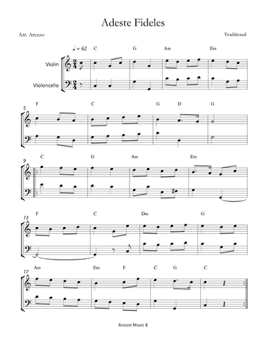 Adeste Fideles - Violin and Cello with Chord Symbols (arr. Arezzo Music)