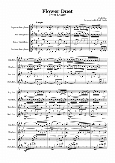 Flower Duet from Lakmé (Delibes) - Saxophone quartet (SATB) (arr. Kayleigh Huelin)