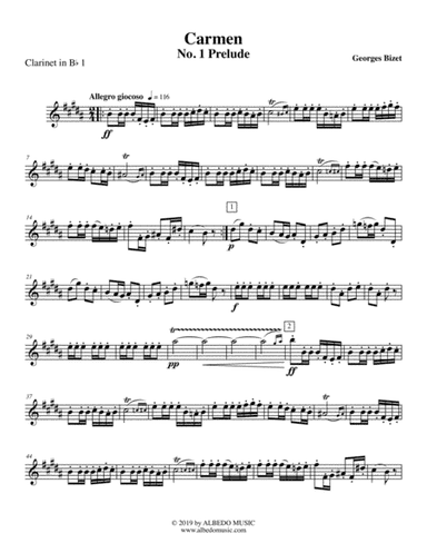 Carmen, No. 1 Prelude - Clarinet in Bb 1 (Transposed Part) (arr. Doug Clyde)