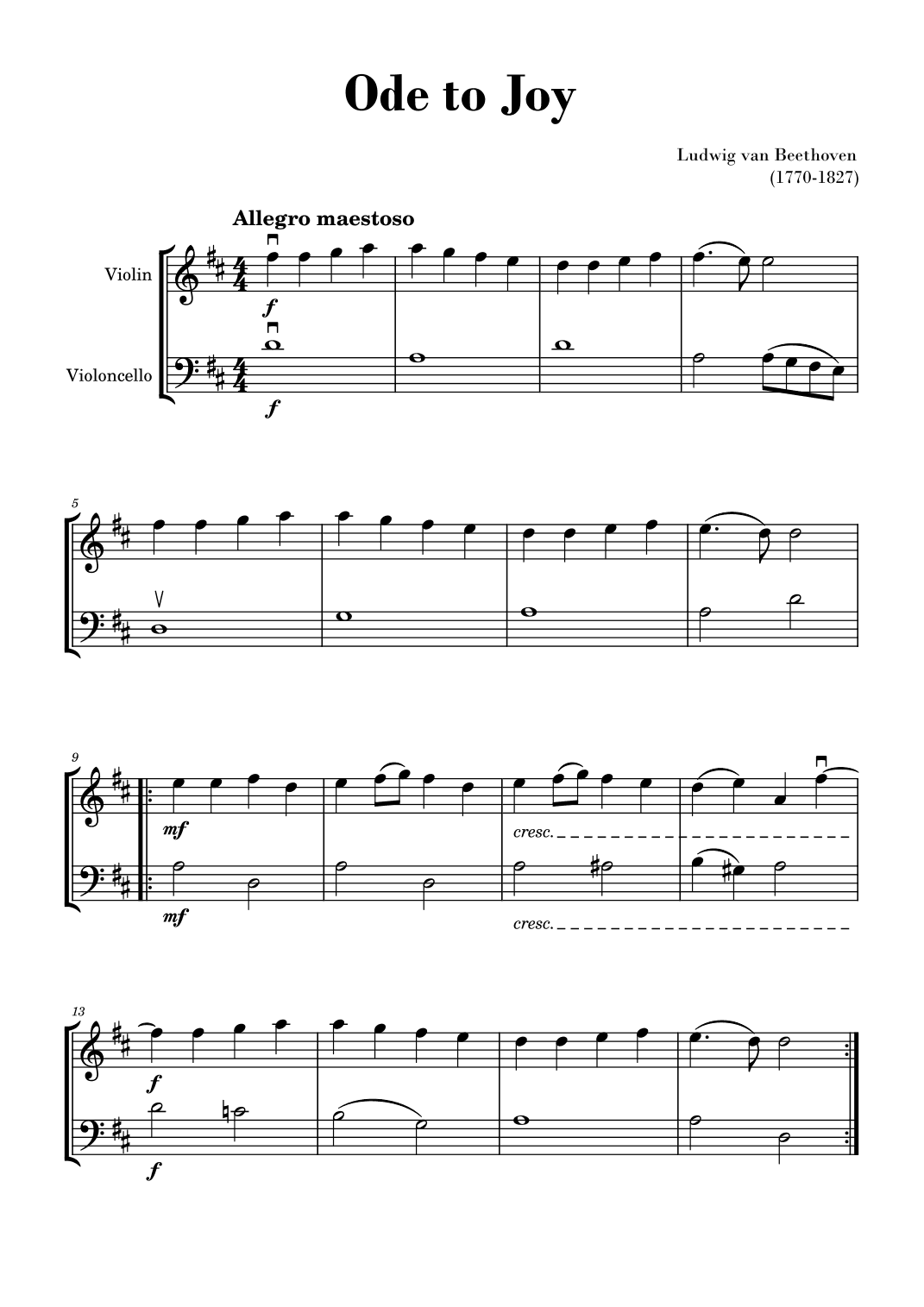 Beethoven - Ode to Joy (for Violin and Cello) - D Major (arr. Gisele Sant'Ana)