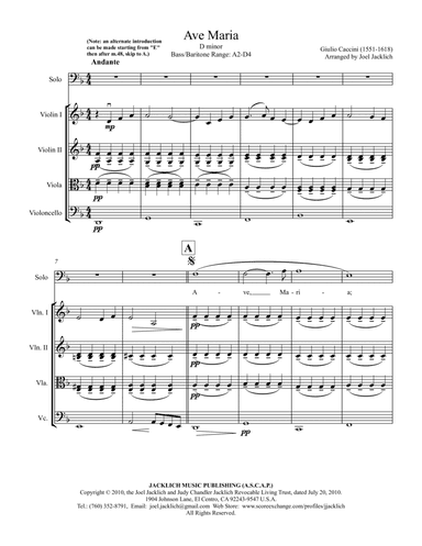 Ave Maria (Caccini) D minor (Bass Clef) for low voice and string quartet (arr. Joel Jacklich (ASCAP))