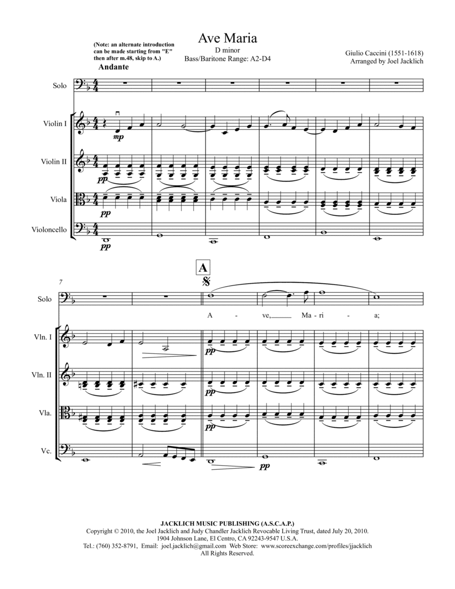 Ave Maria (Caccini) D minor (Bass Clef) for low voice and string quartet (arr. Joel Jacklich (ASCAP))