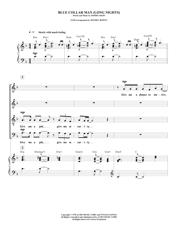 Blue Collar Man (long Nights) (arr. Jeffrey Bowen)
