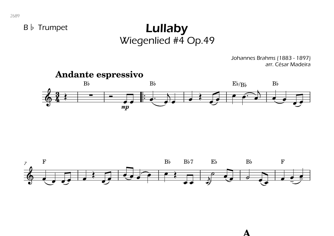 Brahms' Lullaby - Bb Trumpet Solo - W/Chords (arr. César Madeira)
