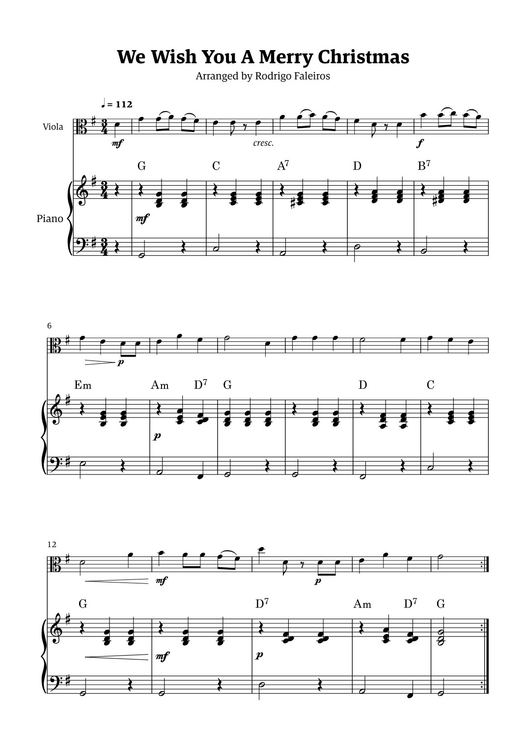We Wish You a Merry Christmas (for solo viola with piano accompaniment) (arr. Rodrigo Faleiros)