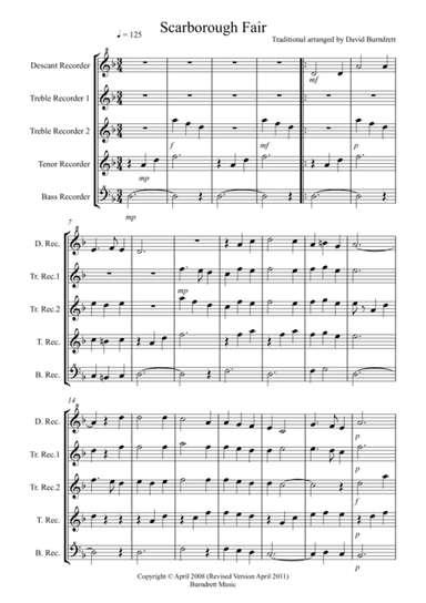 Scarborough Fair for Recorder Quintet (arr. David Burndrett)