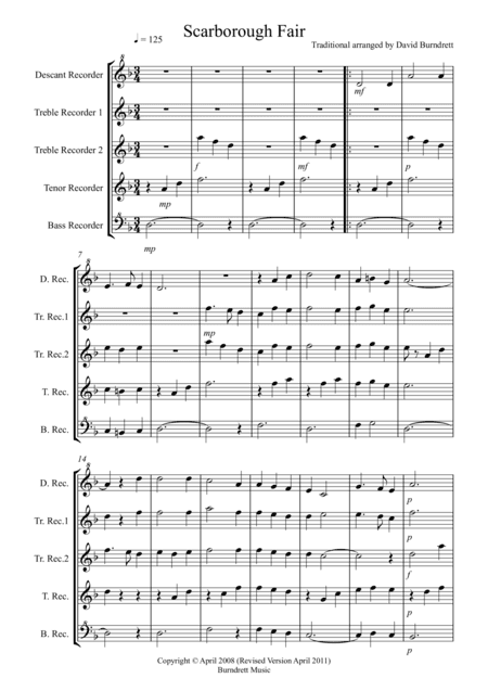 Scarborough Fair for Recorder Quintet (arr. David Burndrett)