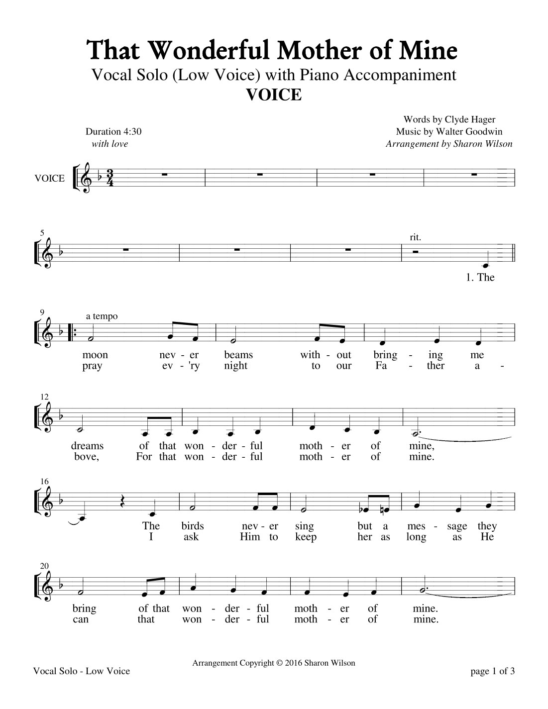 That Wonderful Mother of Mine - Low Voice (Vocal Solo with Piano Accompaniment) (arr. Sharon Wilson)