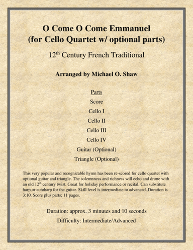 O Come O Come Emmanuel for Cello Quartet (arr. Michael O. Shaw)