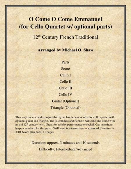 O Come O Come Emmanuel for Cello Quartet (arr. Michael O. Shaw)
