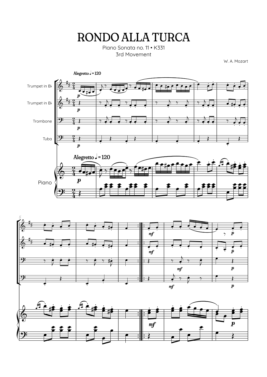 Rondo Alla Turca (Turkish March) | Brass Quartet Sheet Music (w/ piano) (arr. Benzaiten Editions)
