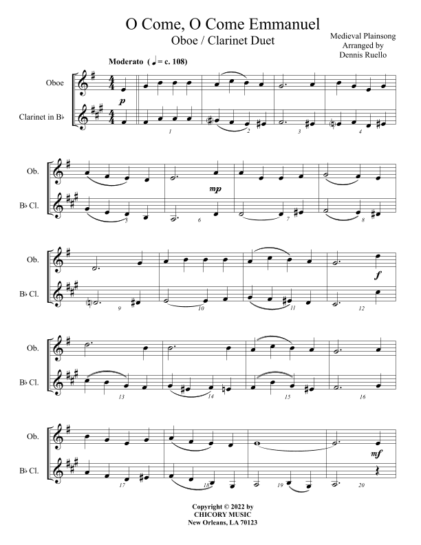 O Come, O Come Emmanuel - Oboe / Clarinet Duet - Intermediate Level (arr. Dennis Ruello)