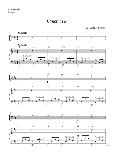 Canon in D for Cello and Piano (With Chords) (arr. Cássio Silva Chaves)