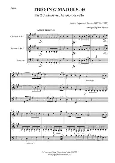 HUMMEL TRIO IN G MAJOR S. 46 FOR 2 CLARINETS & BASSOON OR CELLO (arr. arranged by Pat Spence)