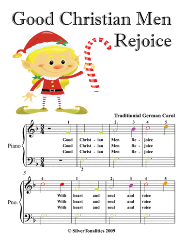 Good Christian Men Rejoice Easy Piano Sheet Music with Colored Notes (arr. SilverTonalities)