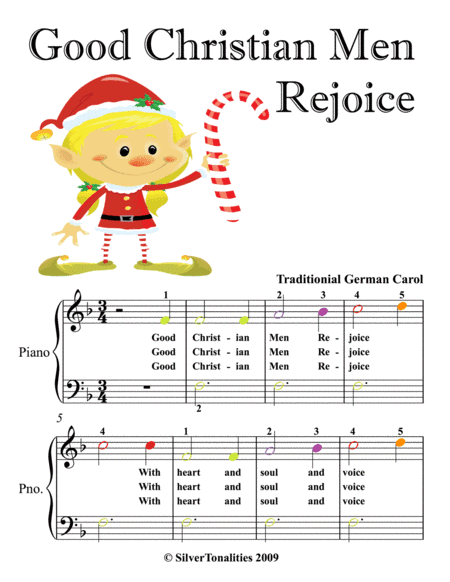 Good Christian Men Rejoice Easy Piano Sheet Music with Colored Notes (arr. SilverTonalities)