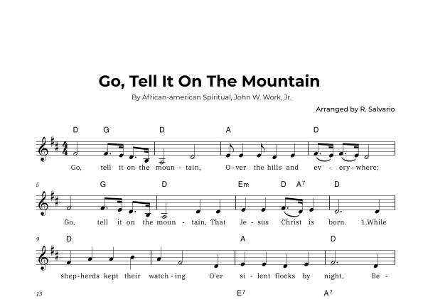 Go, Tell It On The Mountain (Key of D Major) (arr. R. Salvario)