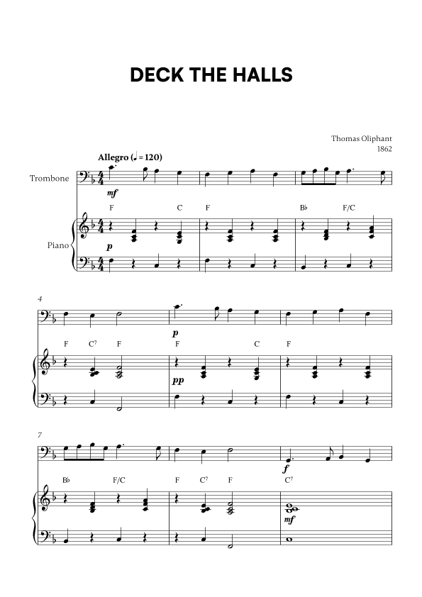 Deck the Halls (for Trombone and Piano) (arr. Cadenza Editions)