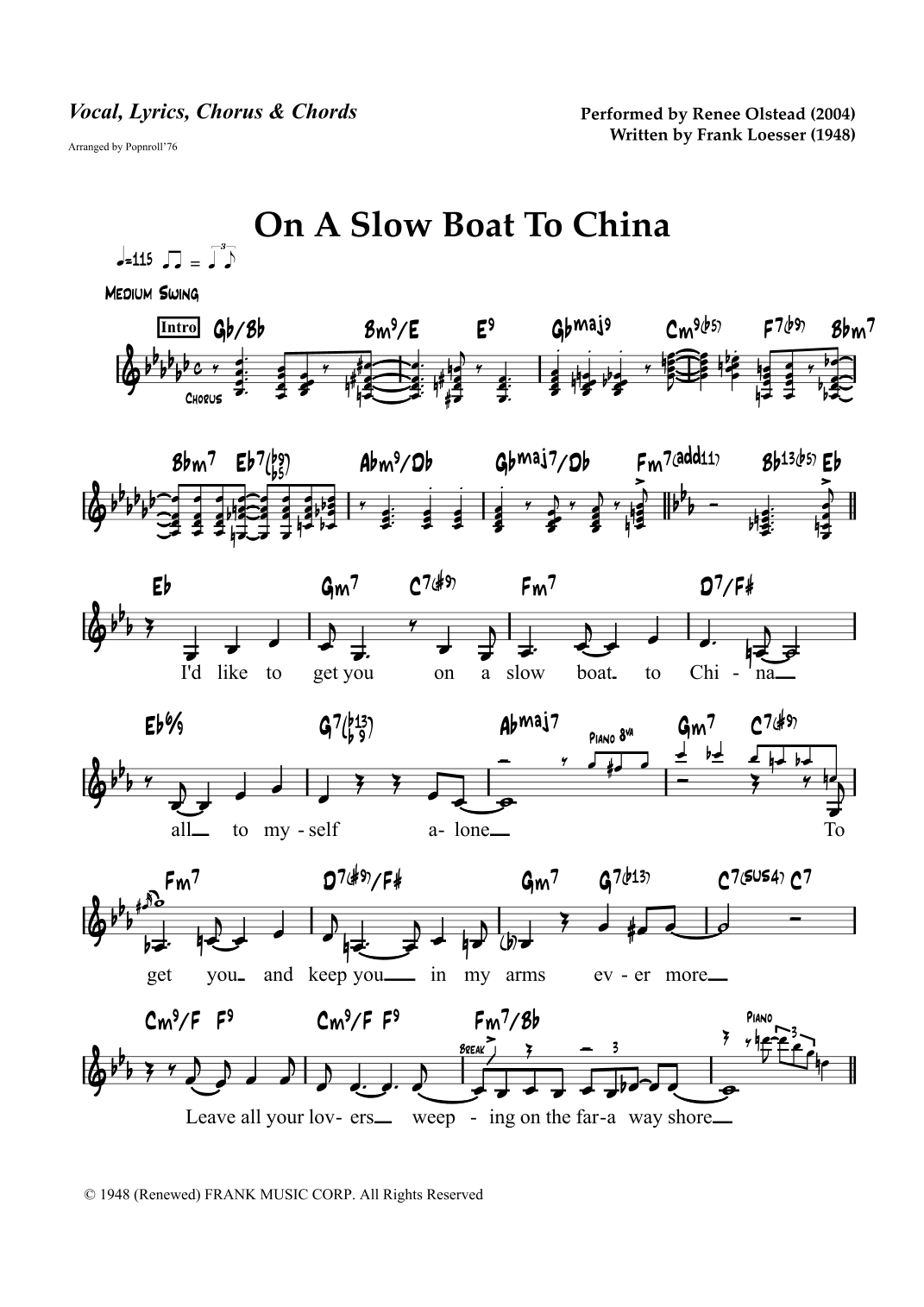 On A Slow Boat To China (arr. Popnroll 1976)