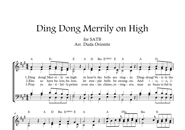 Ding Dong Merrily on High  (SATB - A major - 2 staff - with chords - no piano) (arr. Duda Oriontte)