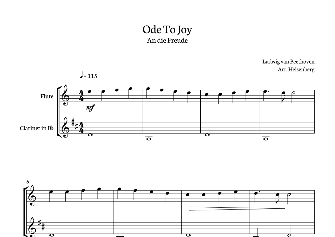Ode to Joy for flute and clarinet duo (arr. Heisenberg)
