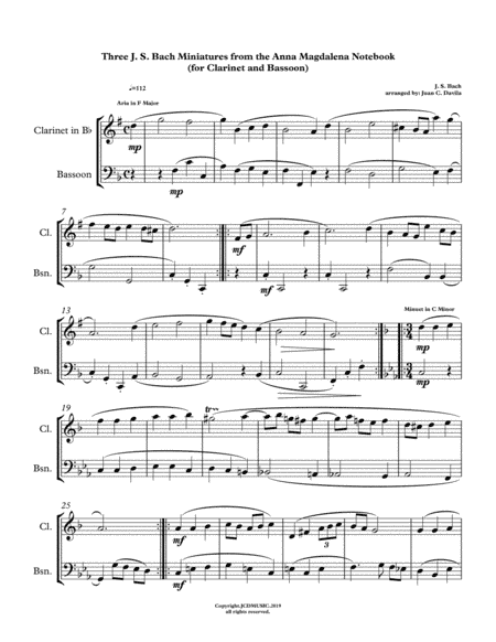 Three J. S. Bach Miniatures from the Anna Magdalena Notebook (for Clarinet and Bassoon) (arr. Juan C. Davila)