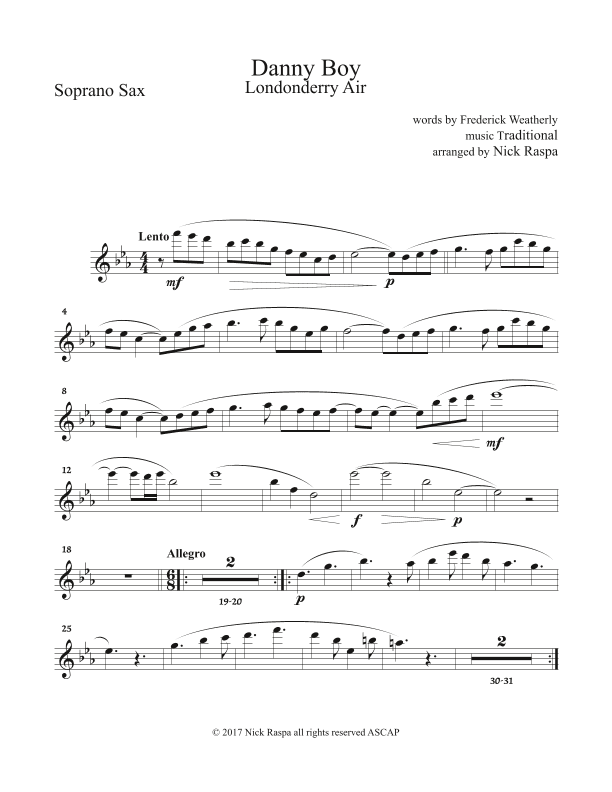 Danny Boy for Saxophone Quintet - Soprano Sax part (arr. Nick Raspa)
