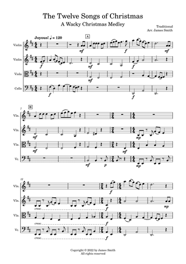 The Twelve Songs of Christmas (A Wacky Christmas Medley) for String Quartet (arr. James Smith)