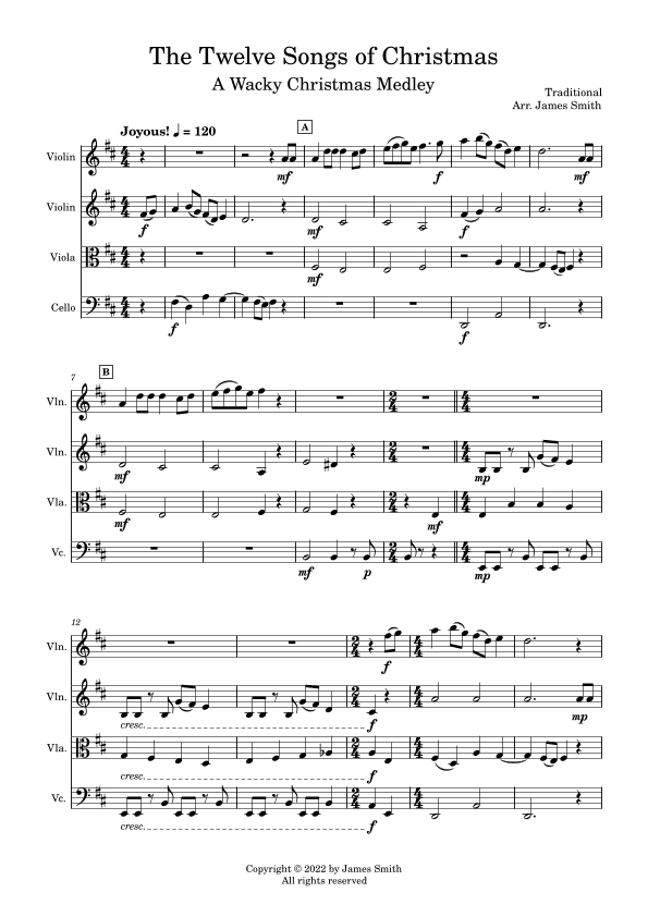 The Twelve Songs of Christmas (A Wacky Christmas Medley) for String Quartet (arr. James Smith)