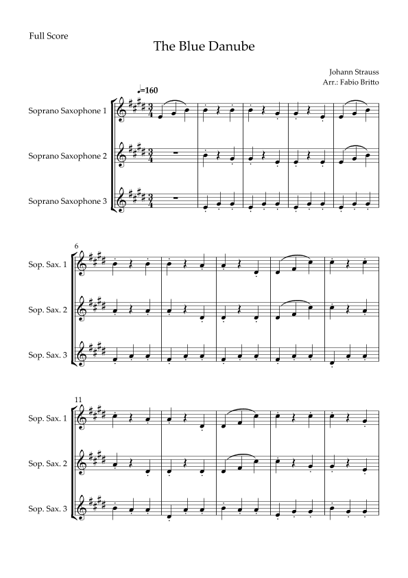 The Blue Danube (Waltz by Johann Strauss) for Soprano Saxophone Trio (arr. Fabio Britto)