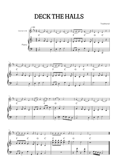 Deck the Halls for clarinet with piano accompaniment • easy Christmas song sheet music with chords (arr. Benzaiten Editions)