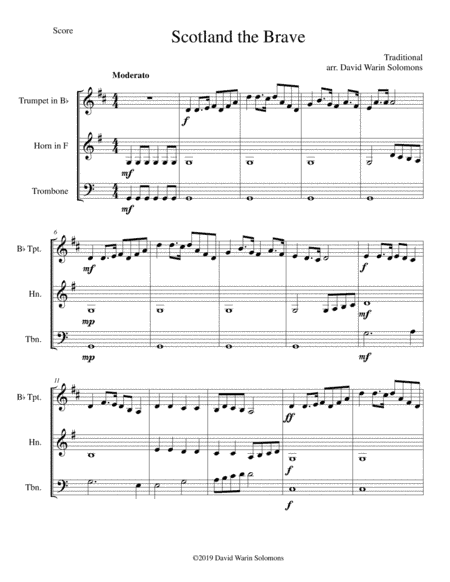 Scotland the brave for brass trio (trumpet, horn, trombone) (arr. David Warin Solomons)