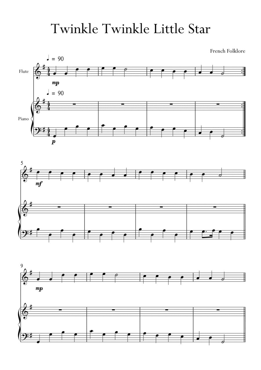 Twinkle Twinkle Little Star for Flute and Piano in G Major. Very Easy. (arr. Matheus Araújo)